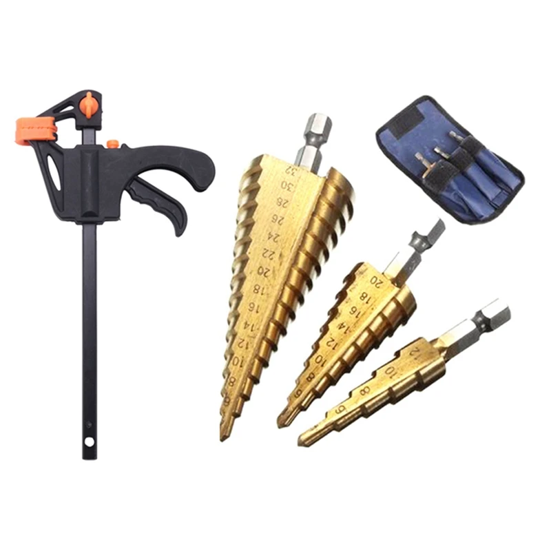 HOT-1 Set 4 Inch Woodworking Bar F Clamp Clip DIY Carpentry Hand Vise Tool & 1 Set Step Drill Bit Set Cone Hole Cutter