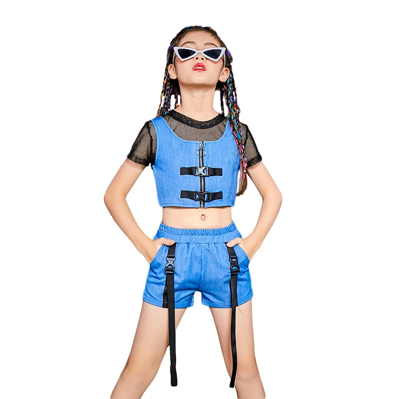 

2021 Kids Hip Hop Clothing For Girls Summer Jazz Performance Costume Blue Vest Shorts Hip Hop Outfit Modern Catwalk Wear