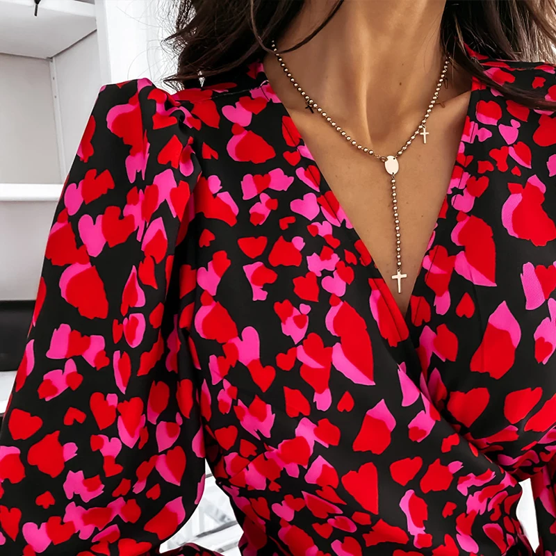 

Spring Long Lantern Sleeve Print Wrap Dress Women Elegant Ruffles V Neck Red Party Dresses Autumn Female A Line Office Vestidos