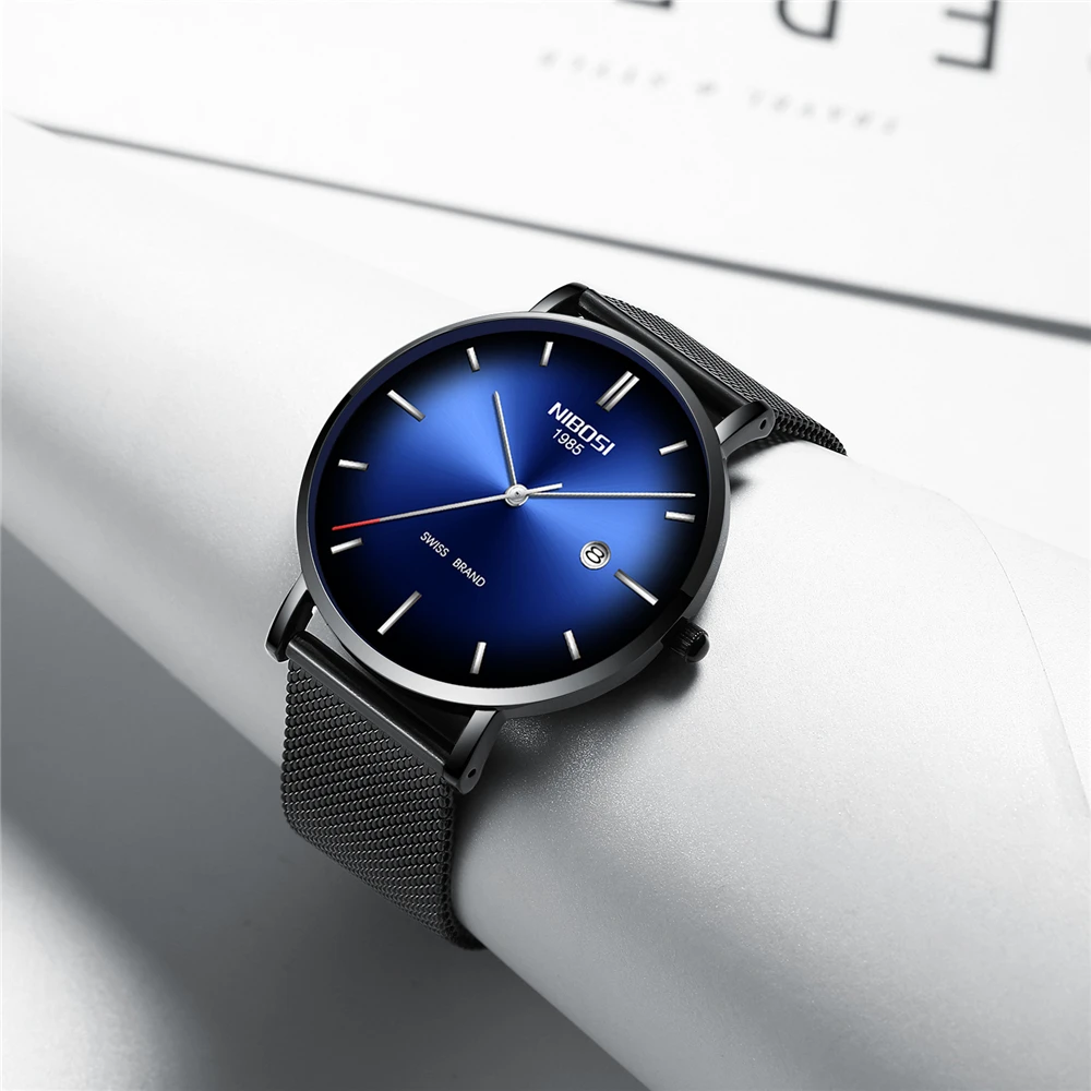 

NIBOSI Brand Men Watches Luxury Stainless Steel Silver Black Quartz Wrist Watch Daily Mesh Band Sample Classic Casual Watches