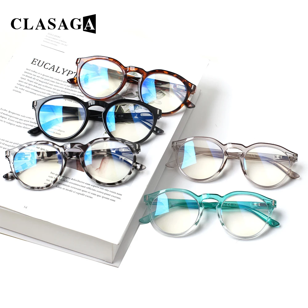 

CLASAGA 4 Pack Blue Light Blocking Reading Glasses Spring Hinge Classic Round Plastic Frame Men and Women Computer Reader
