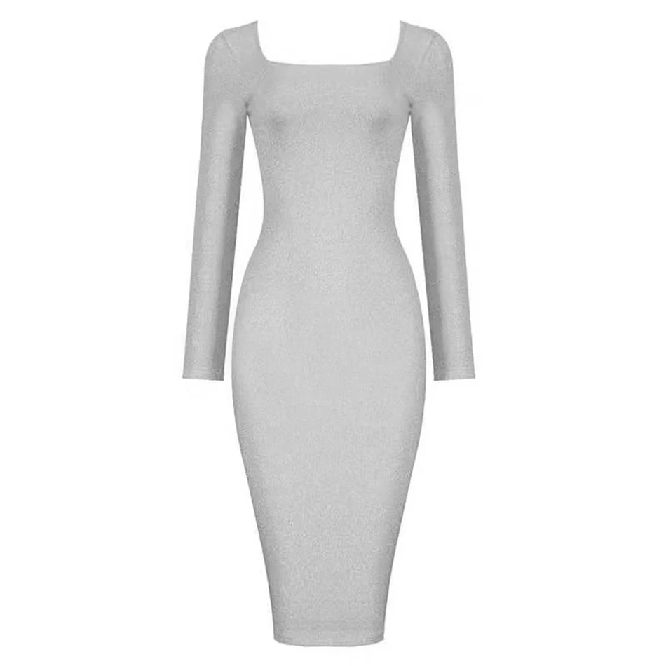 Женское блестящее платье средней длины серебристо серое облегающее с длинным