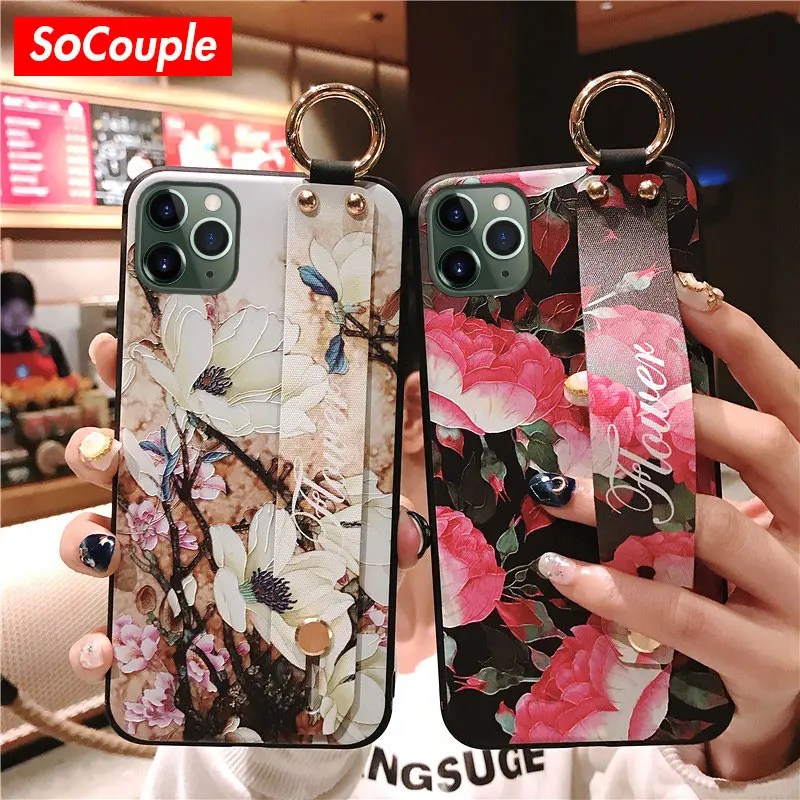 SoCouple ремешок на запястье Мягкий ТПУ чехол для iphone X Xs max XR 11 Pro Max чехол для iphone 6 6s 7 8 plus цветочный держатель для телефона чехол