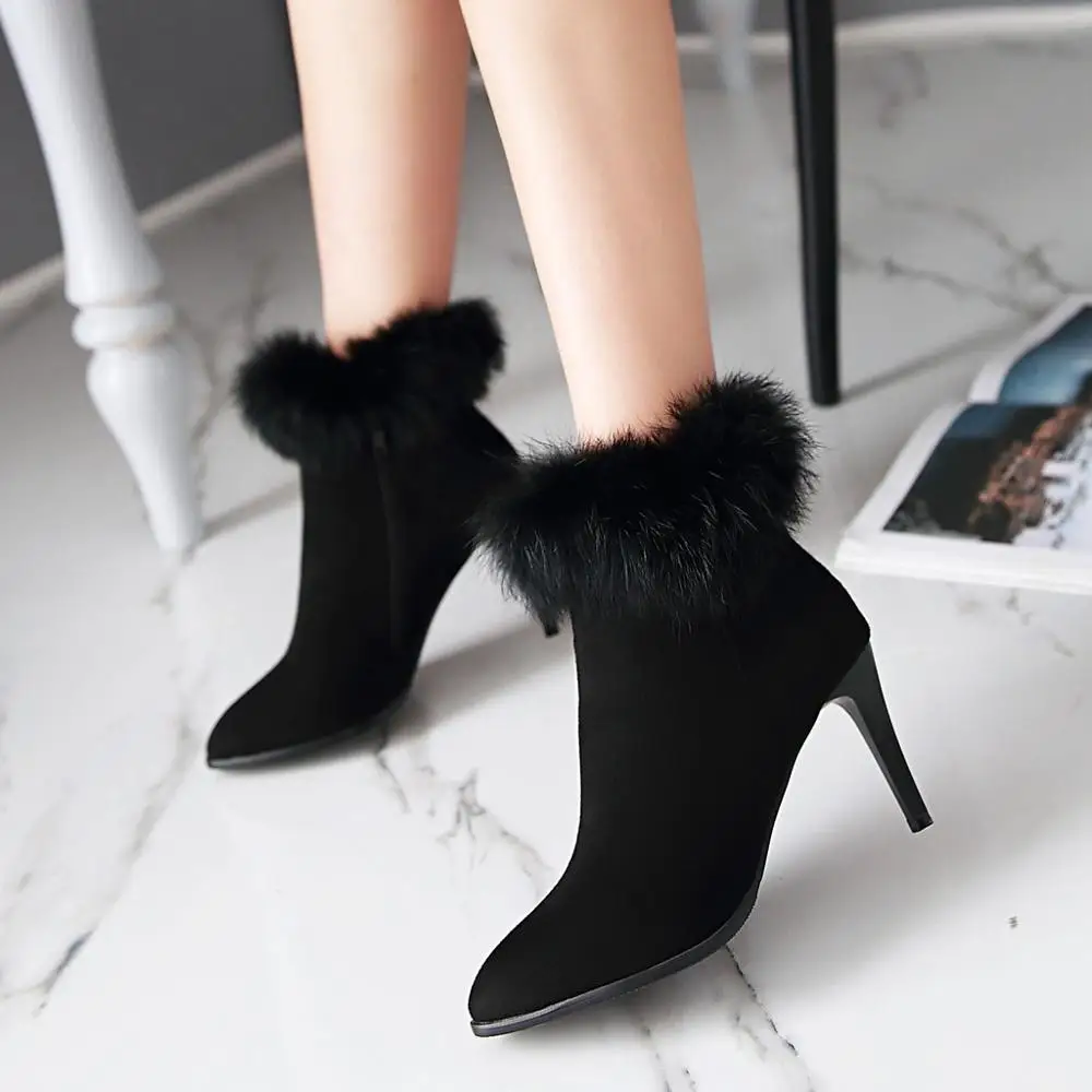 Зимняя теплая пикантная женская обувь ботильоны для женщин на тонком высоком