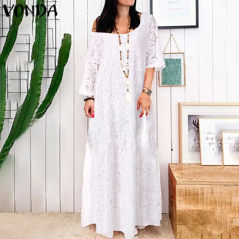 S 5XL летнее платье женское Ретро стиль полое кружевное белое макси длинное 2019