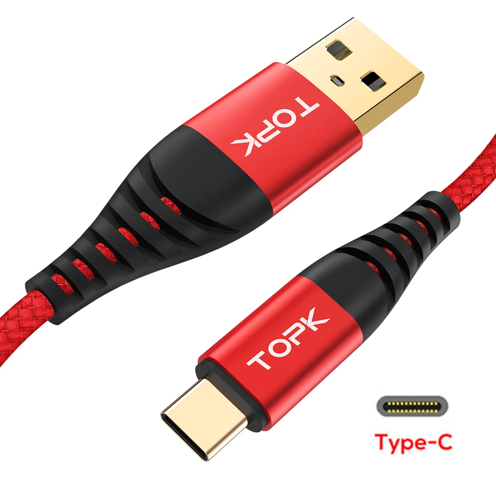 Red Кабель TOPK AN42 3A Quick Charge 3,0 usb type C для Xiaom Redmi Note 7, кабель type-C для быстрой зарядки samsung S9 S10 Plus, USB C - Цвет: Red