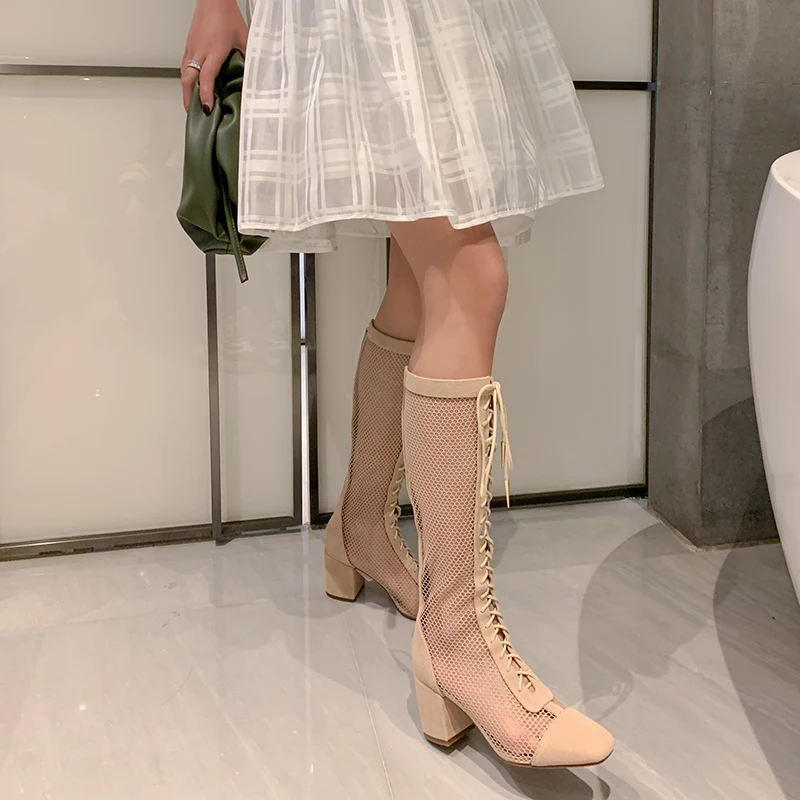 Beli Sepatu Bot Wanita Simpul Silang Jala Kulit Hak Tinggi Selutut Jala Breathabl Botas Hitam Aprikot Feminina Botas Feminina