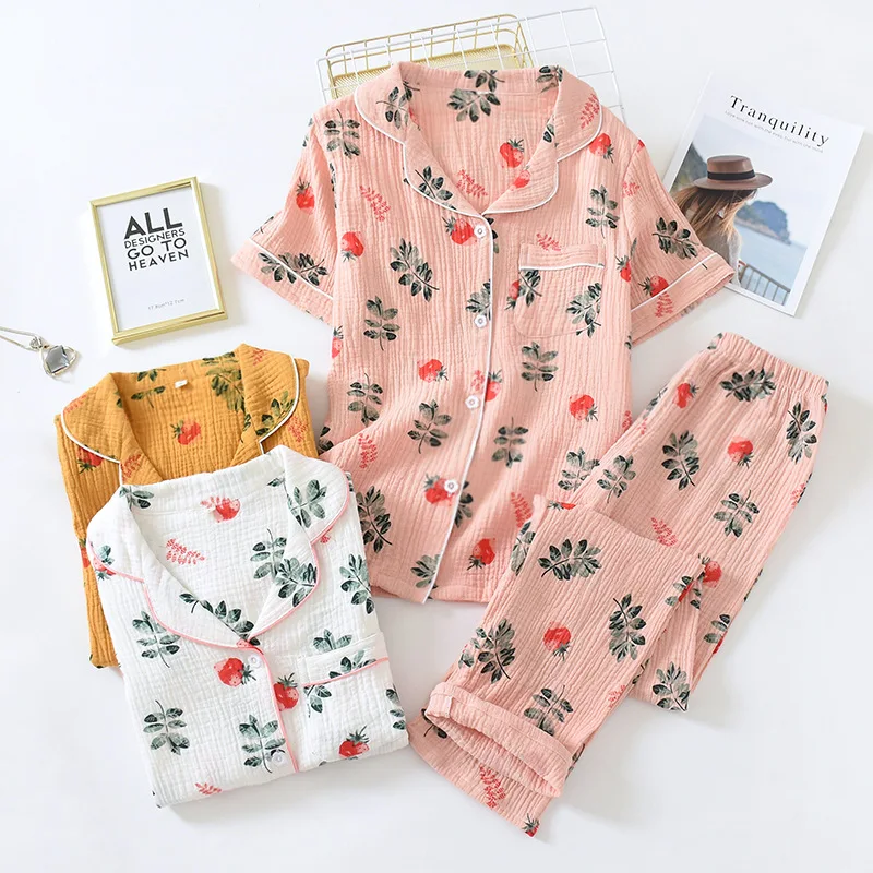 Summer Pajamas for Women Pure Cotton Gauze Short Sleeve Trousers Pajamas Set Thin Soft and Comfort Korean Home Two Piece Set
