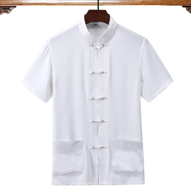 Рубашка Кунг-фу мужская с вышивкой хлопково-Льняная сорочка драконом коротким