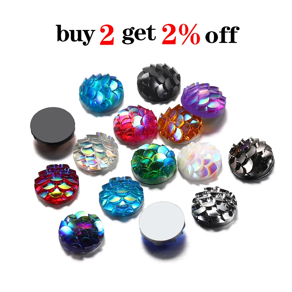 50Pcs/Lot 8mm Stereoscopic Resin Epoxy Cabochons Mermaid Fish Scale Round Glass Cabochon For DIY Jewelry Making Accessories - купить по