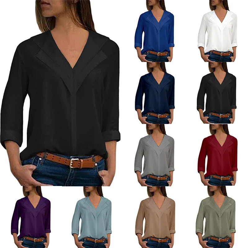 

White Blouse Long Sleeve Chiffon Blouse Double V-neck Women Tops and Blouses Solid Office Shirt Lady Blouse Shirt Blusas Camisa