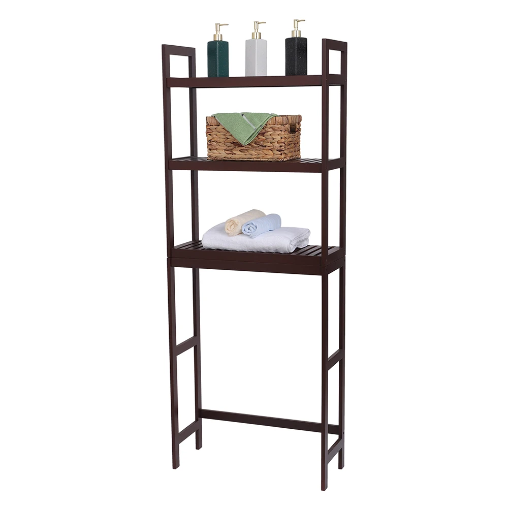 

100% Bamboo Bathroom Rack 3-Layer High Leg Multifunctional Adjustable Storage Shelf 63x26x163CM White/Dark Brown[US-Stock]