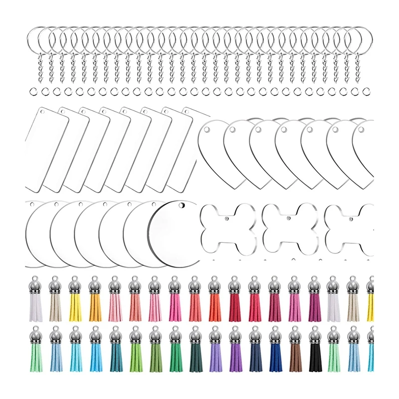 

160 PCS Acrylic Keychain Blanks Including 4 Different Shape, Tassel Pendant and Key Rings for DIY Projects Crafts