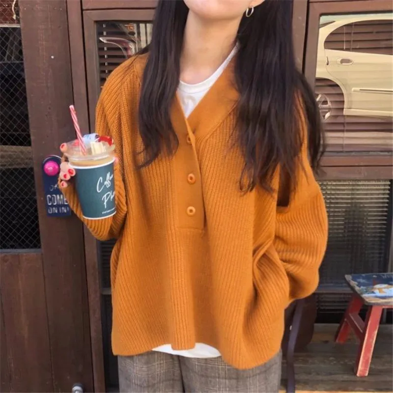 

Женские пуловеры Limiguyue, простой вязаный свитер с V-образным вырезом, корейский Шикарный джемпер, винтажные топы на пуговицах, свободная верх...