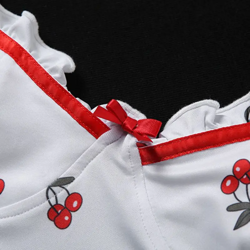 

Women Spaghetti Strap Sling Bodysuit Cute Cherry Fruits Printed Ruffles Leotard Sexy V-Neck Hollow Backless Clubwear