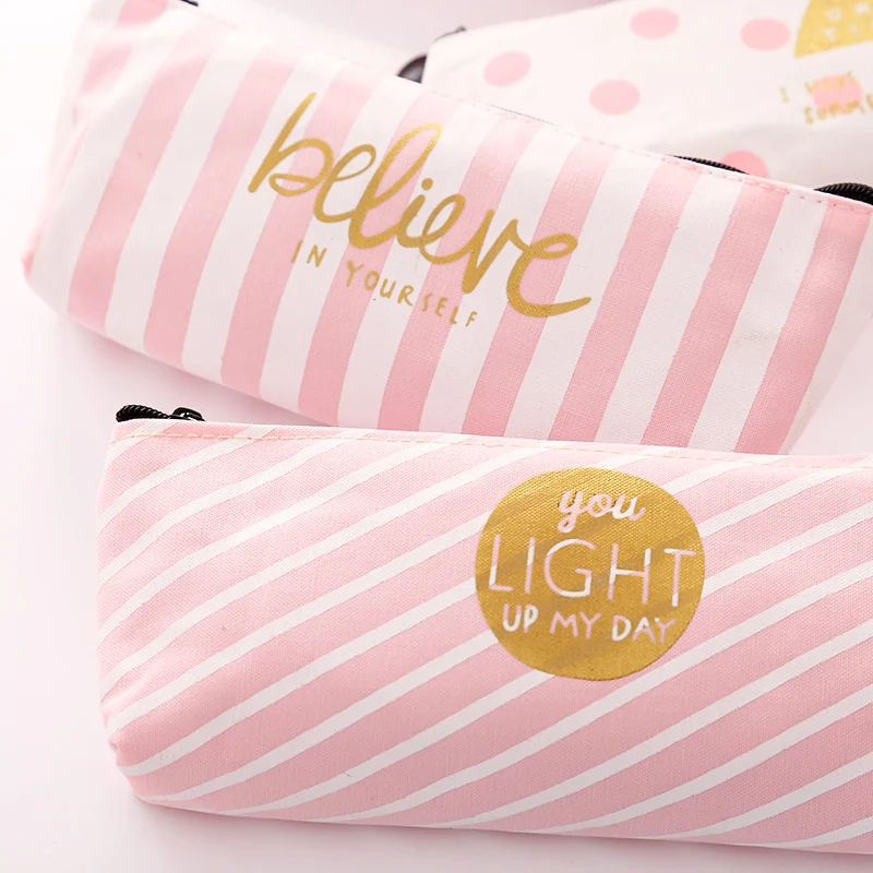 1pc Pink Stripe Pencil Case for Girls Canvas Bag School Supplies Office Accessories Chancery Stationery Pen Storage | Канцтовары для
