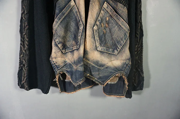 

LYUZHE Vintage Knitted Patchwork Denim Coat Women 2021 Autumn Double Pocket Stitching Color Denim Jacket Black Green QDY276