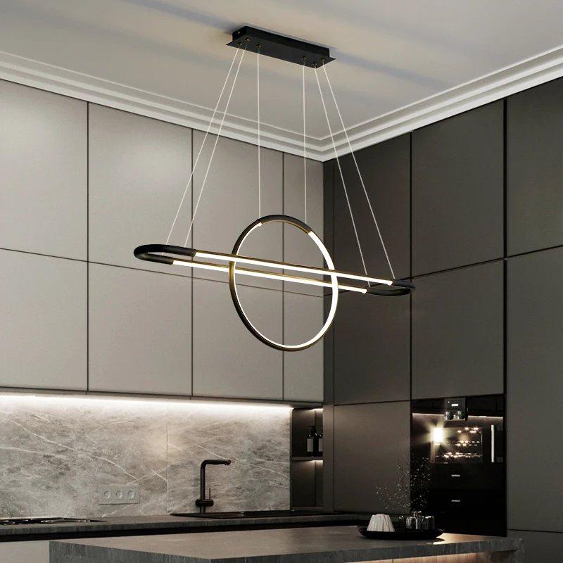 

Simple LED Chandelier Modern Kitchen island Long Hanging Light Dining Bar Office Coffee Restaurant Home Gold Black Pendant Lamps