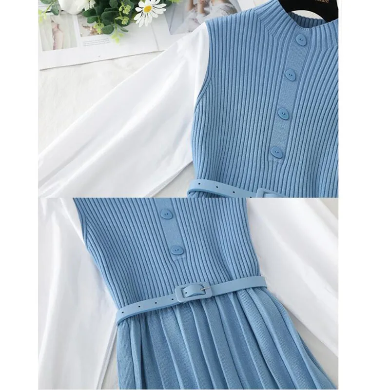 

Autumn Winter Women Knitted Dress Elegant A-line Stand collar Pleated Long Sleeve Dresses Patchwork Sashes Sweater Vestidos