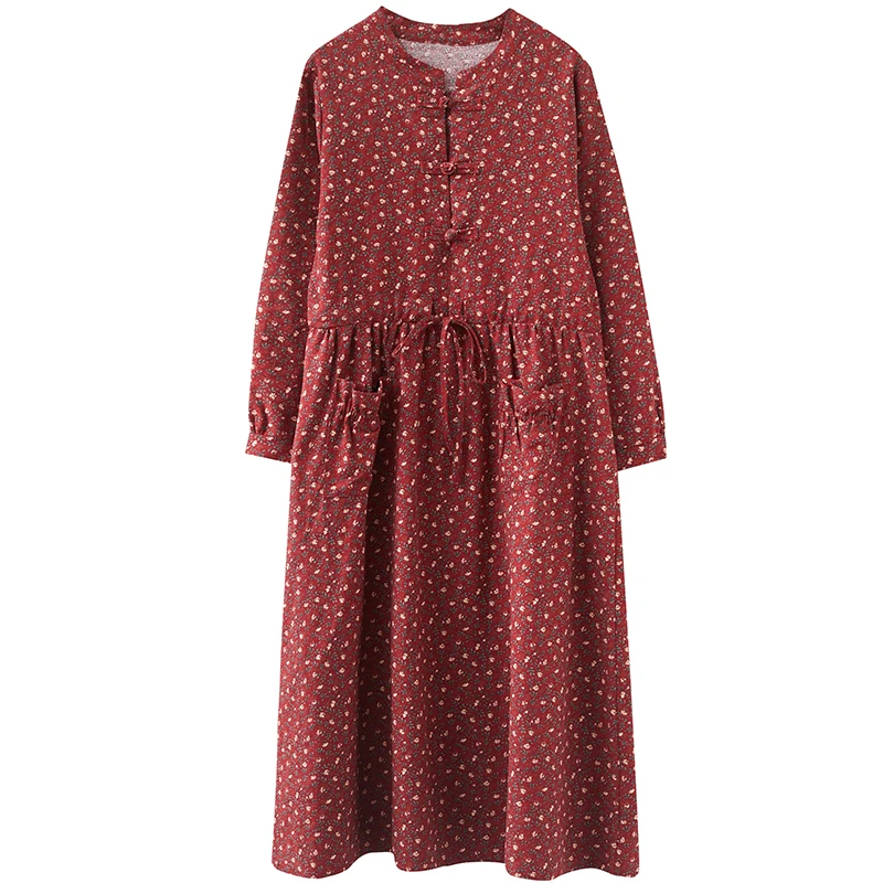 

COIGARSAM 3XL Plus Size Loose Women dress New Floral Print High Waist Dresses Khaki Red Navy 8533