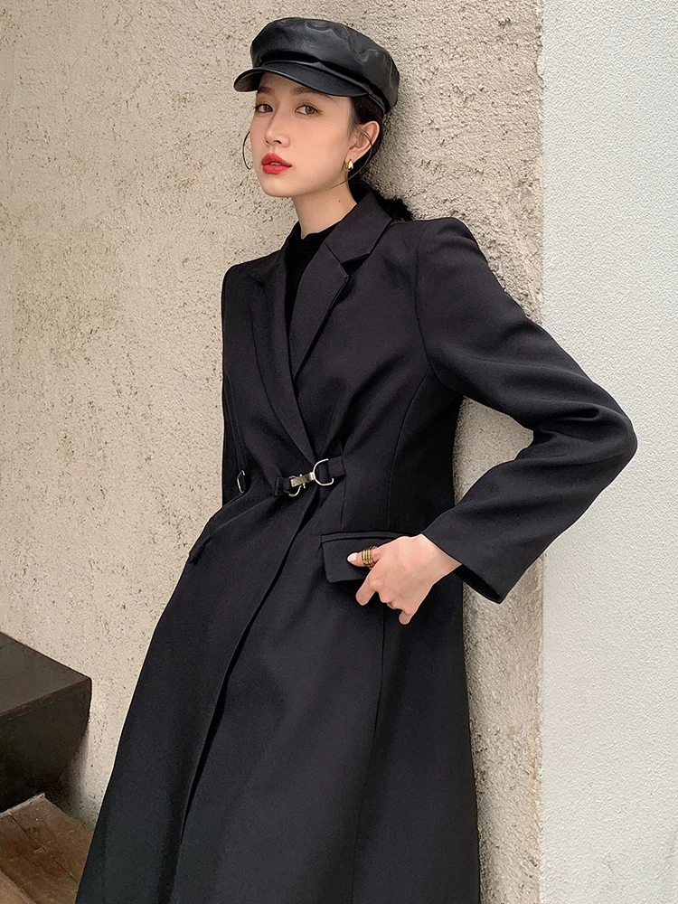 

Модная черная ветровка, женский простой классический длинный Тренч, пальто на одной пуговице, пальто с отложным воротником, верхняя одежда ...