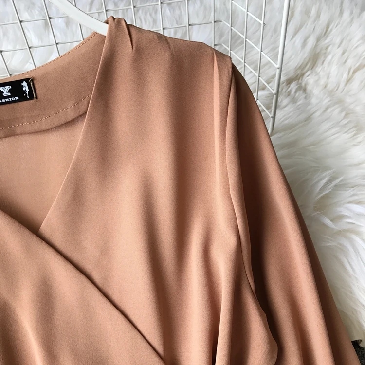 ALPHALMODA осеннее офисное женское платье с длинными рукавами и поясом, новое повседневное шифоновое платье с высокой талией и v-образным вырезом, однотонное женское платье до середины икры