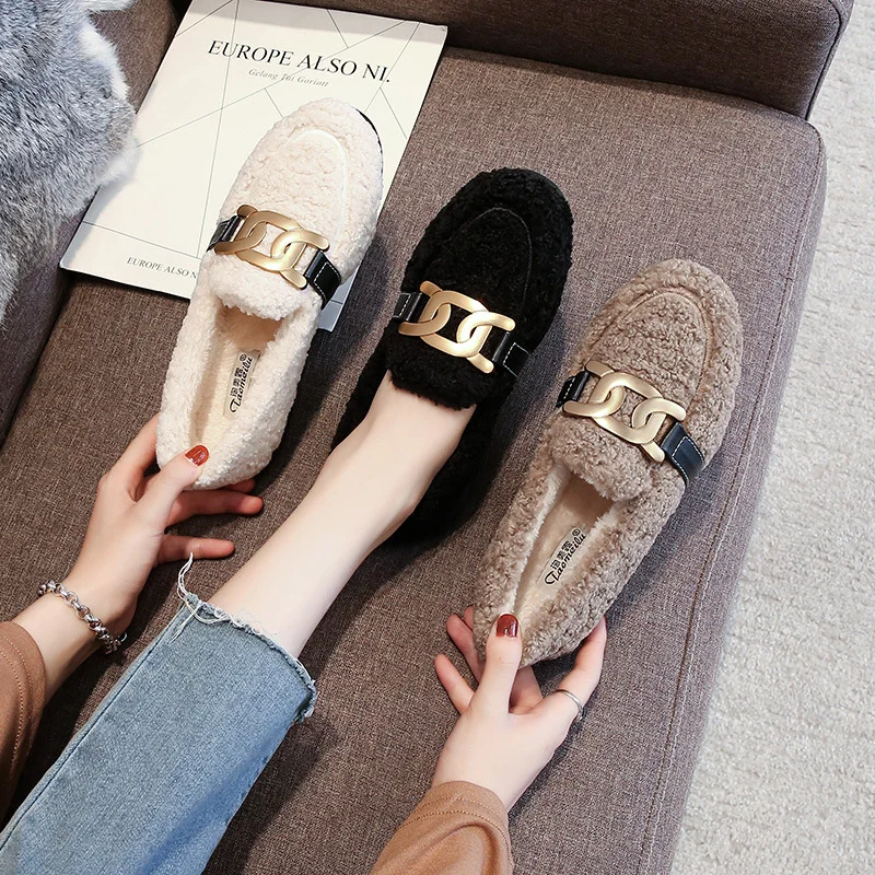 

Metal Chic Chain Woolen Fur Moccasins Shoes Women Fleeces Loafers Winter Add Cashmere New Woman Plush Flats Plus Size 41-43