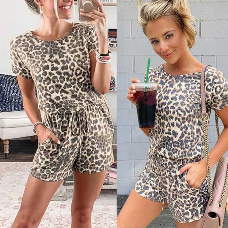 

Women Summer Short Sleeve Leopard Print Two Piece Set Lace-Up Sets Sleepwear Casual Loose Suits