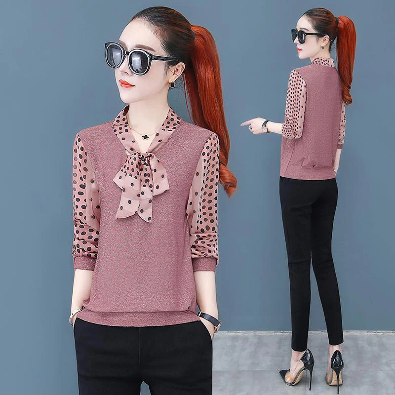 

Women Long Sleeve Blouses Bow Tie Collar Shirts Lady Spring Autumn Style Casual Polka Dot printed Patchwork Blusas Tops