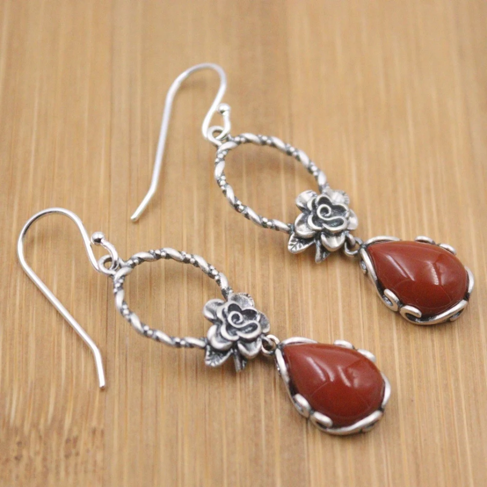 

Pure S925 Sterling Silver Red Agate Earrings Women 47*11mm Water Drop Flower Dangle Earrings
