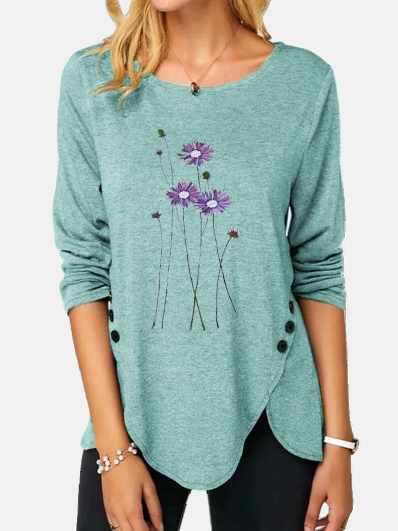 

Floral Print Knitted Loose Irregular Hem Pullovers Woman Sweaters Fashion Crewneck Long Sleeve 2020 Autumn New Chic Office Lady