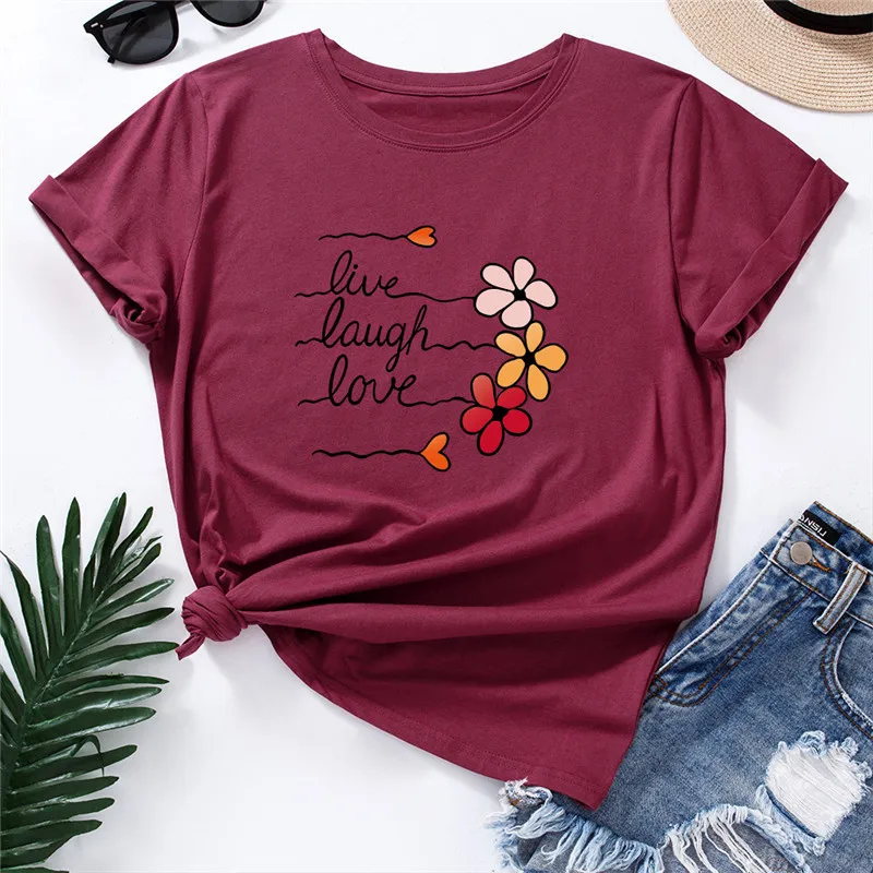 

Summer 100% Cotton Women T Shirt Cute Love Flowers Print Tees Tops Short Sleeve Woman T-shirt Loose Female Tshirt