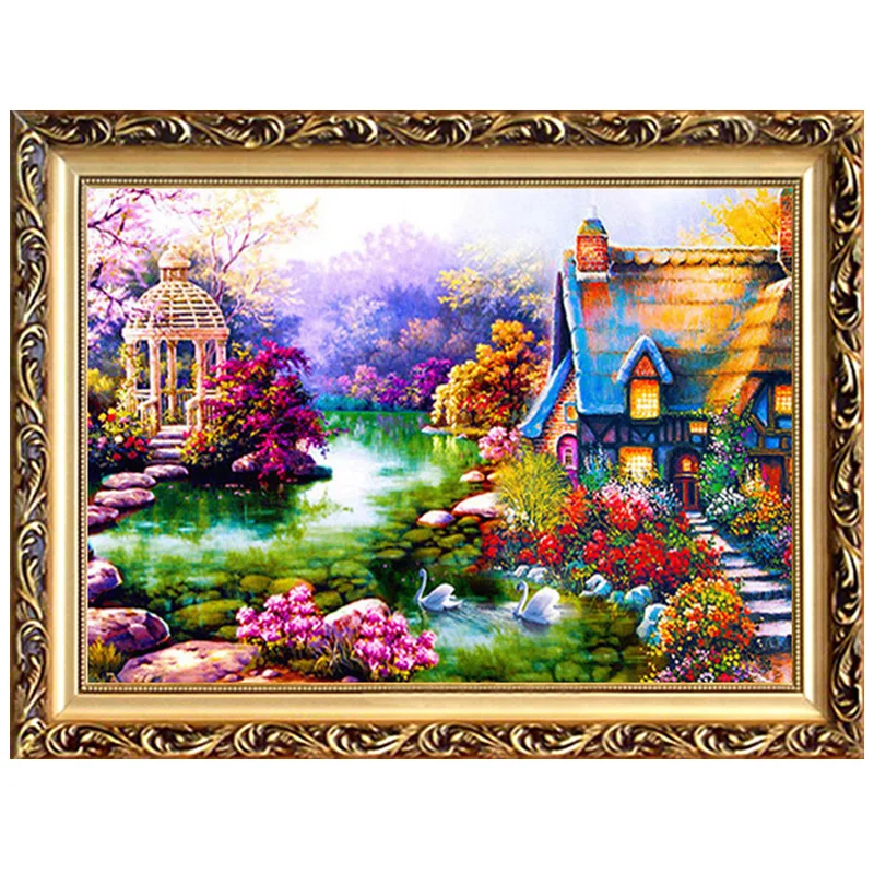 

DIY Diamond Painting Landscape Colorful cottage Diamond Embroidery Mosaic Craft Full Round Rhinestone Picture Home Decor Art