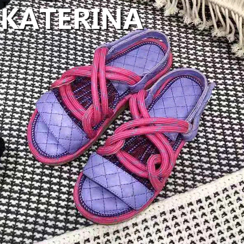 

Сандалии женские из натуральной кожи, брендовые удобные босоножки с пеньковой веревкой и плоской подошвой, нейлоновые, летние пляжные