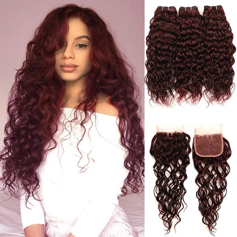 Бразильские вплетаемые волосы 3 пряди с закрытием темно красные волнистые