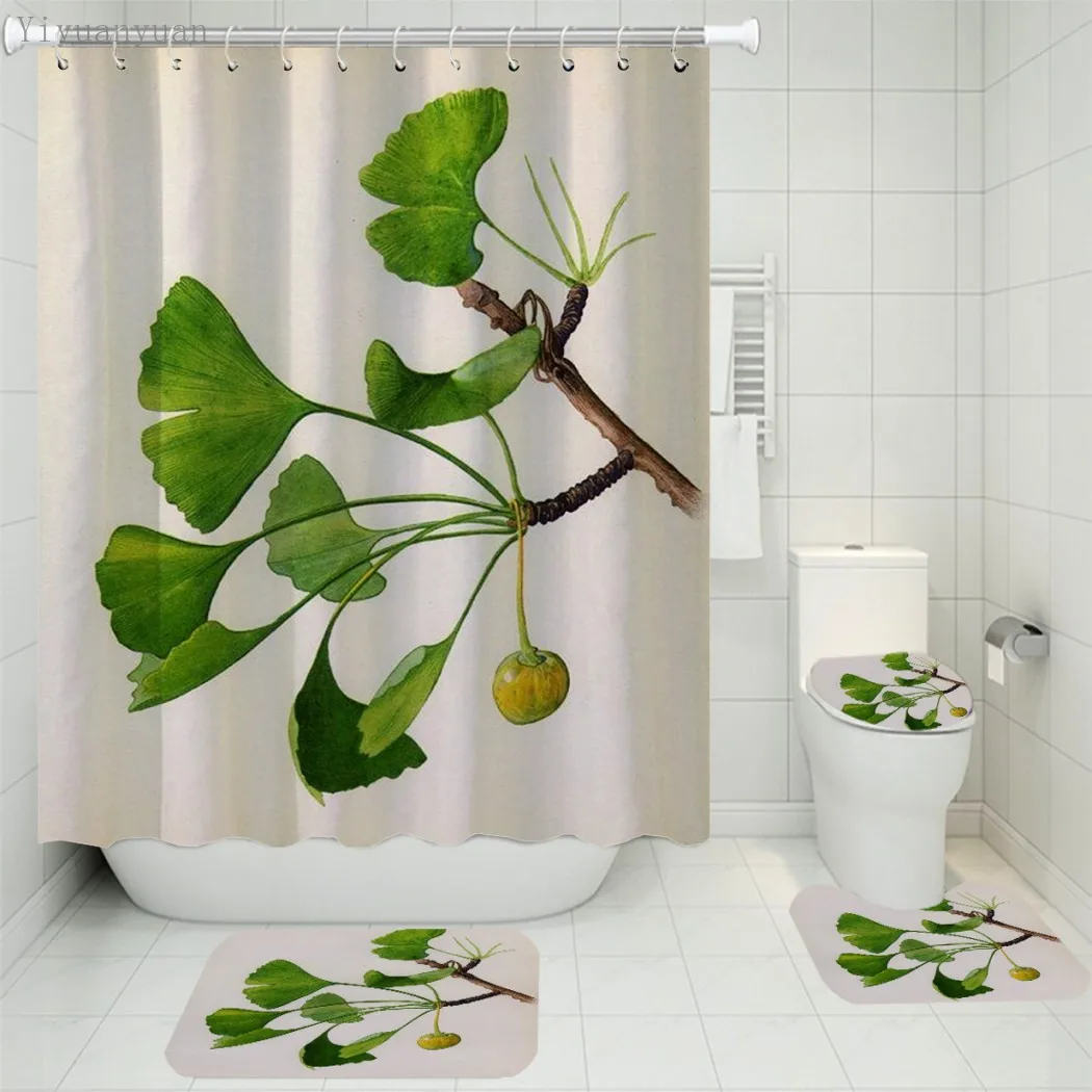 Offerte Ginkgo Foglie Motivo Stampato 180x180cm Tenda Per Doccia Piedistallo Tappeto Coperchio Copriwater Tappetino Da Bagno Antiscivolo Set Bagno