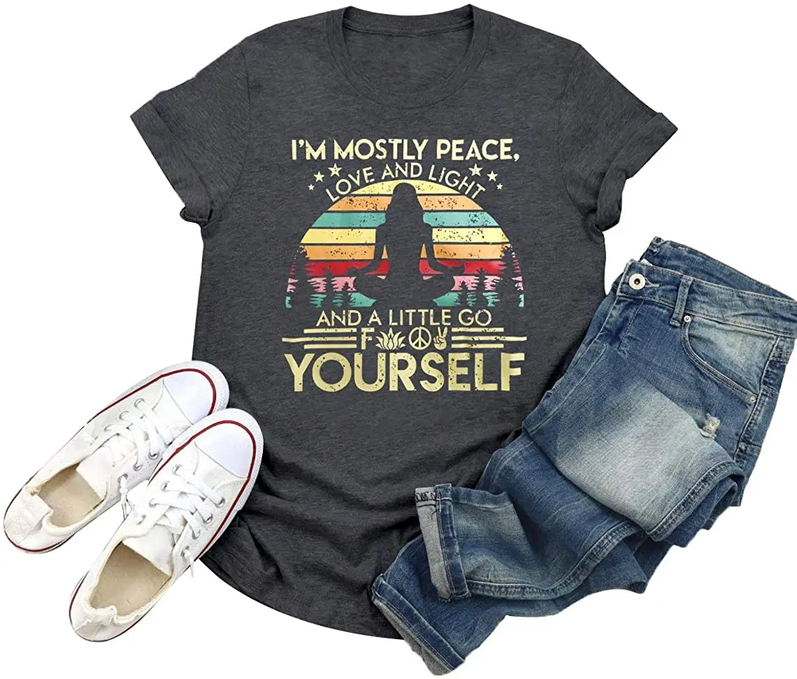 

Womens I'm Mostly Peace Love and Light Funny T-Shirt Graphic Printed Short Sleeve Tops
