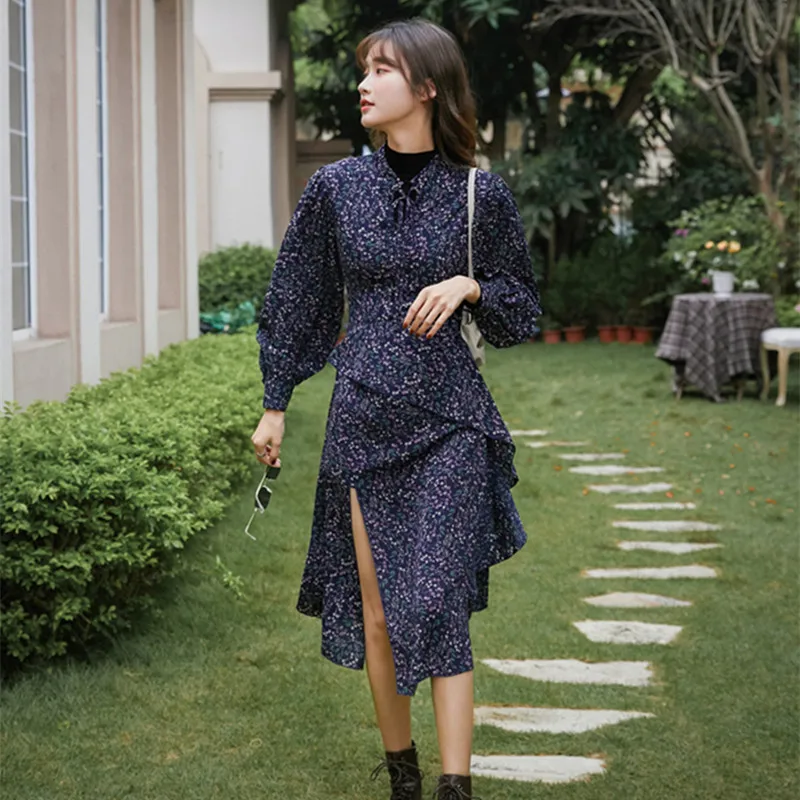 

Japanese Floral Dress Women Autumn Loose Casual Long Ruffled Chiffon Dresses Women