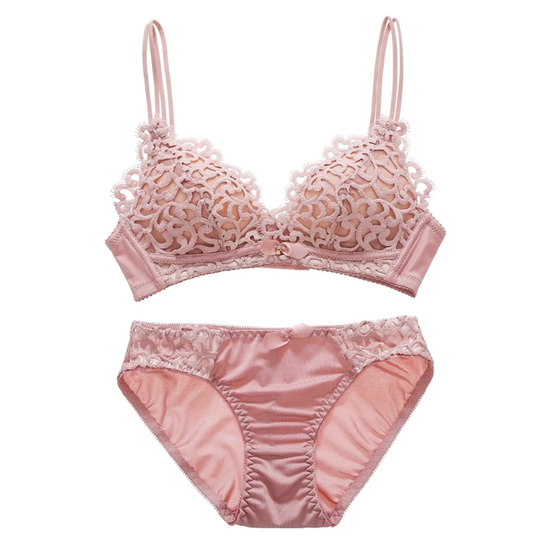 

Fashion Women Sexy Lace Wireless Floral Adjustable Embroidery Bow Push up Bra And Panty Sets Underwear Set
