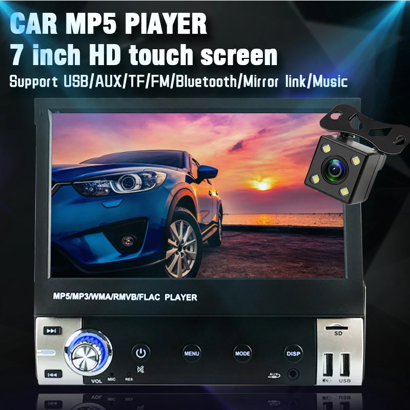 1 Din 7 Inch Car Radio MP5 Bluetooth Full Touch Audio Video Manual Retractable Screen Mobile Phone Interconnection 12V | Автомобили и