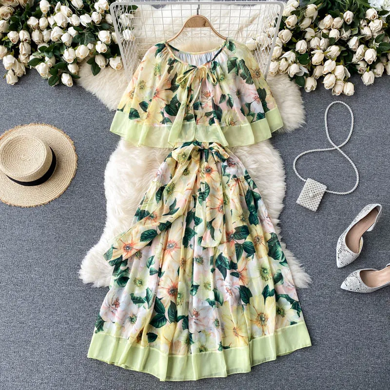 

Women Oversized Yellow Floral Print Runway Dress Fashion Casual Summer Bohemian Print Vacation Midi Long Sundress 2021