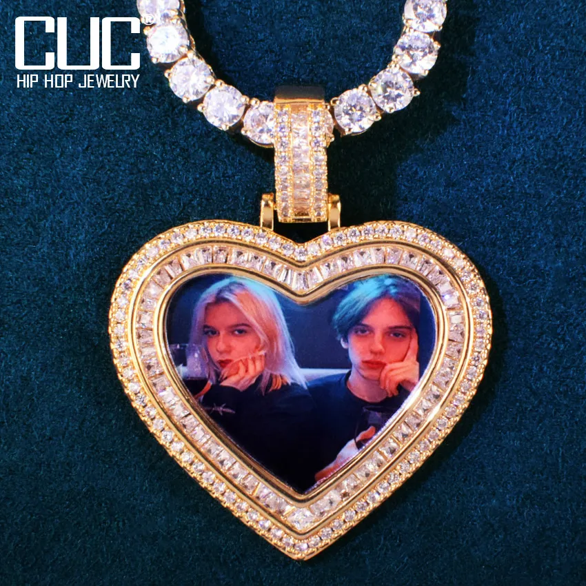 Custom Heart Love Shape Baguette Photo Pendant for Men Women Cubic Zirconia Make Memory Picture Necklace Chain Hip Hop Jewelry