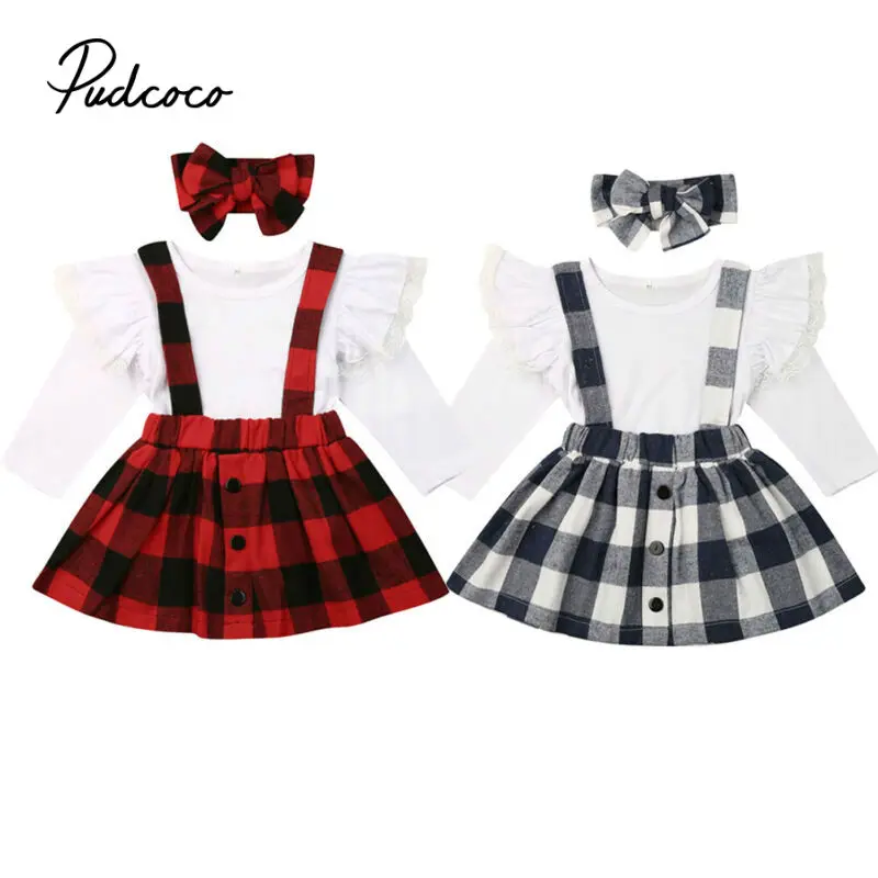 Комплекты одежды для маленьких девочек осень 2019 клетчатый топ с летающим рукавом