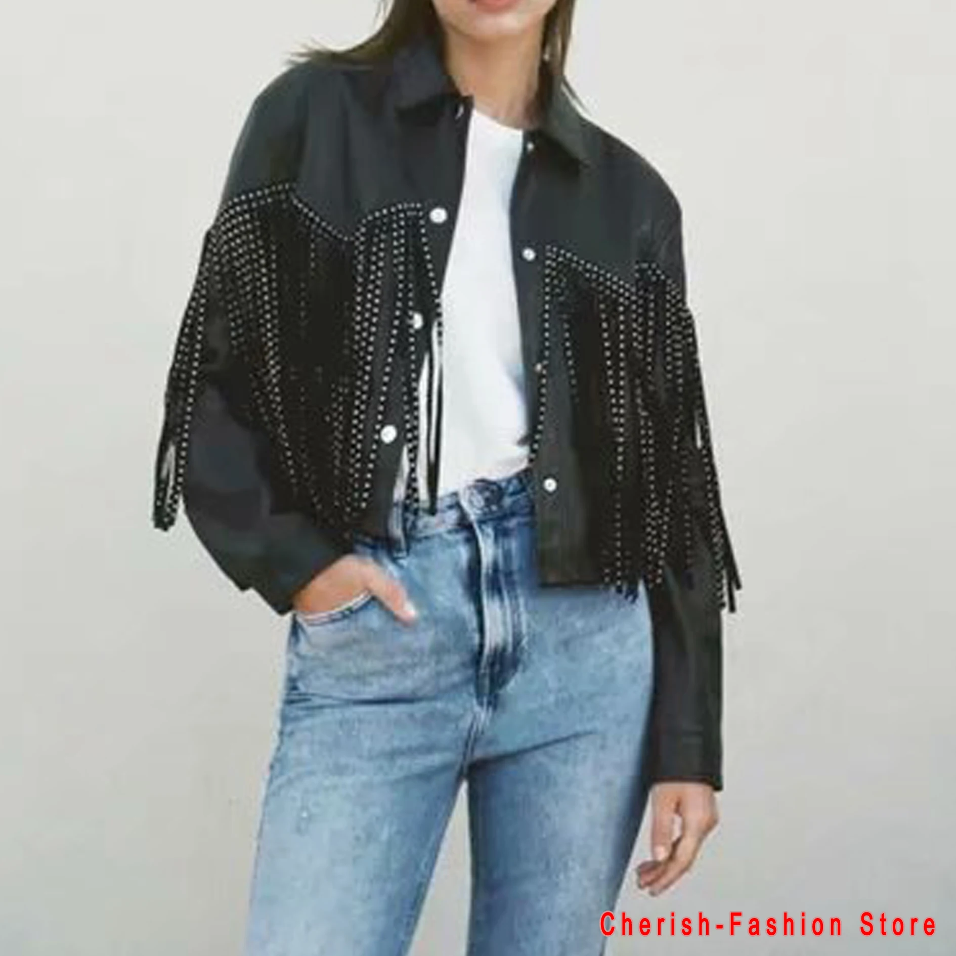 

Leather Jacket Women Fringed Rivet Punk PU Leather Jacket Locomotive Short Coat Motorcycle Outerwear Ladies Female Coats Brand