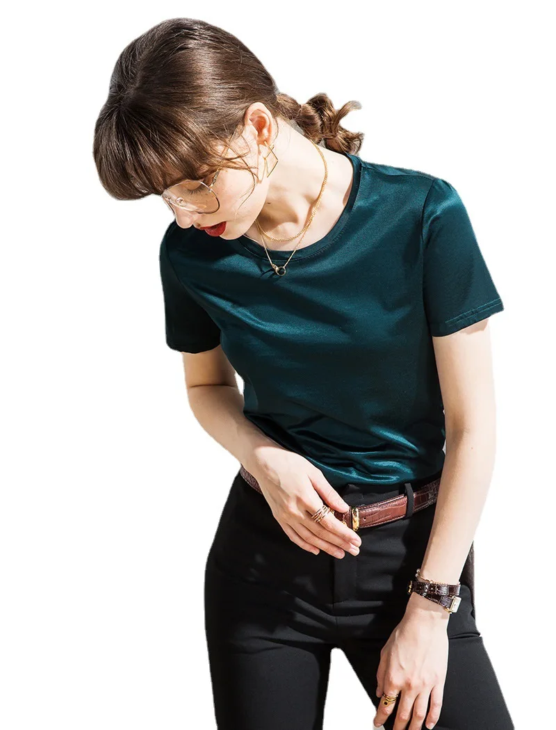 

2021 Summer T-shirt Women New Light-Sensitive Glossy Simple Round Neck Basic Shirt Fashion Solid Color T-shirt All-Matching