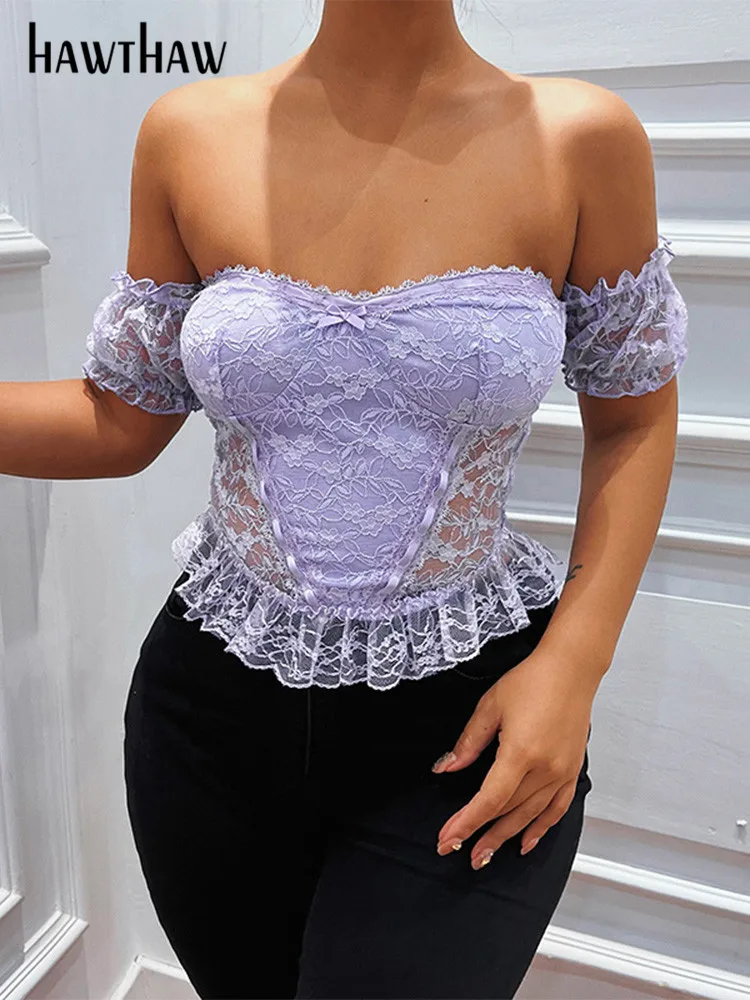 

Hawthaw Women Elegant Short Sleeve Slash Neck Lace Party Purple T Shirt Tops 2022 Summer Clothes Wholesale Items Dropshipping