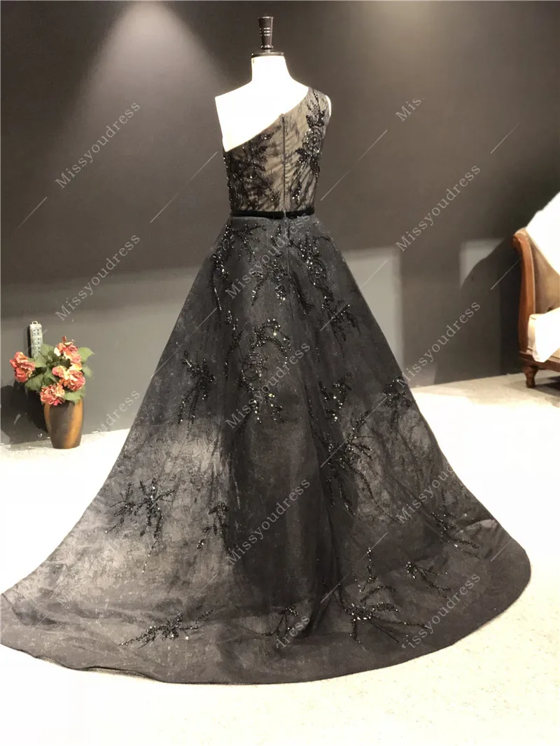 Vestidos de fiesta 2021 Real Sample Black One Shoulder Sleeveless Mermaid Open fork Formal Party Prom Bridal Women Evening Dress