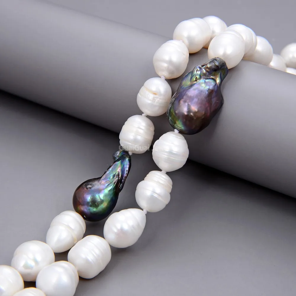 

GuaiGuai Jewelry 2 Strands Big Cultured Black Keshi Pearl White Rice Pearl Necklace 17.5"