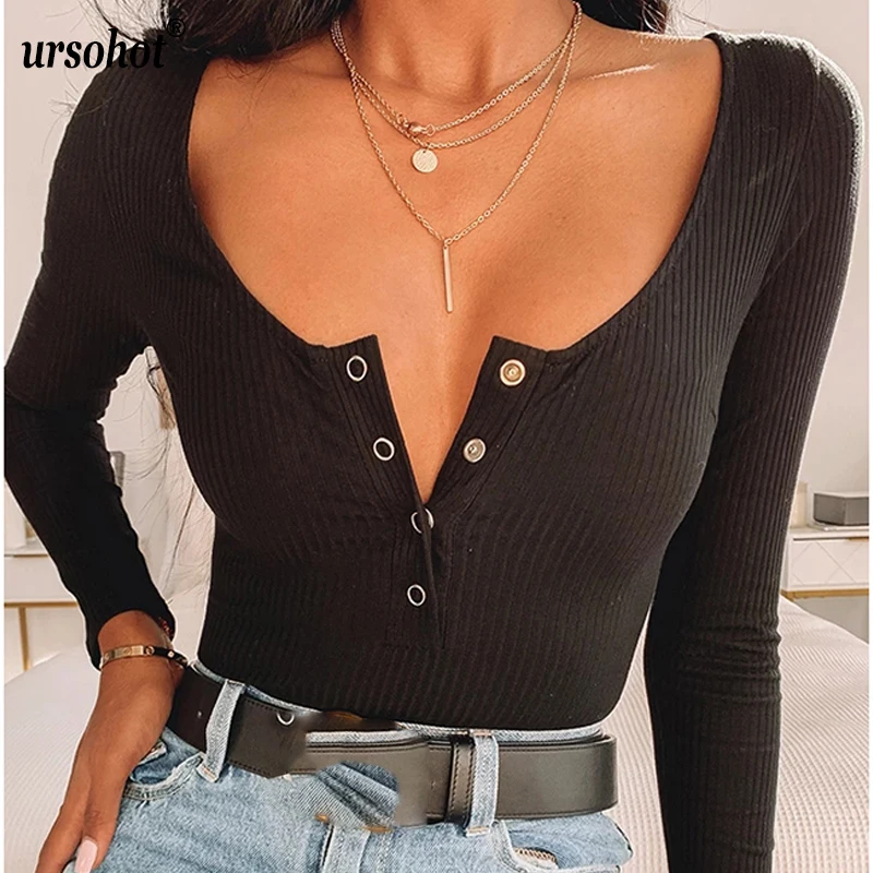 Ursohot 3 цвета осень Кнопка женский боди с длинным рукавом хлопок комбинезон