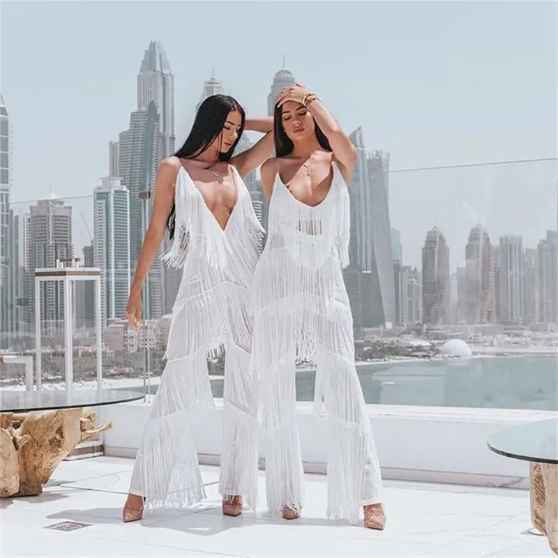 Bandage Women Set Sleeveless White Two Piece Set Top And Pants 2 Piece Set Women Chiffon Tassel Two Piece For Women Fringe Sets